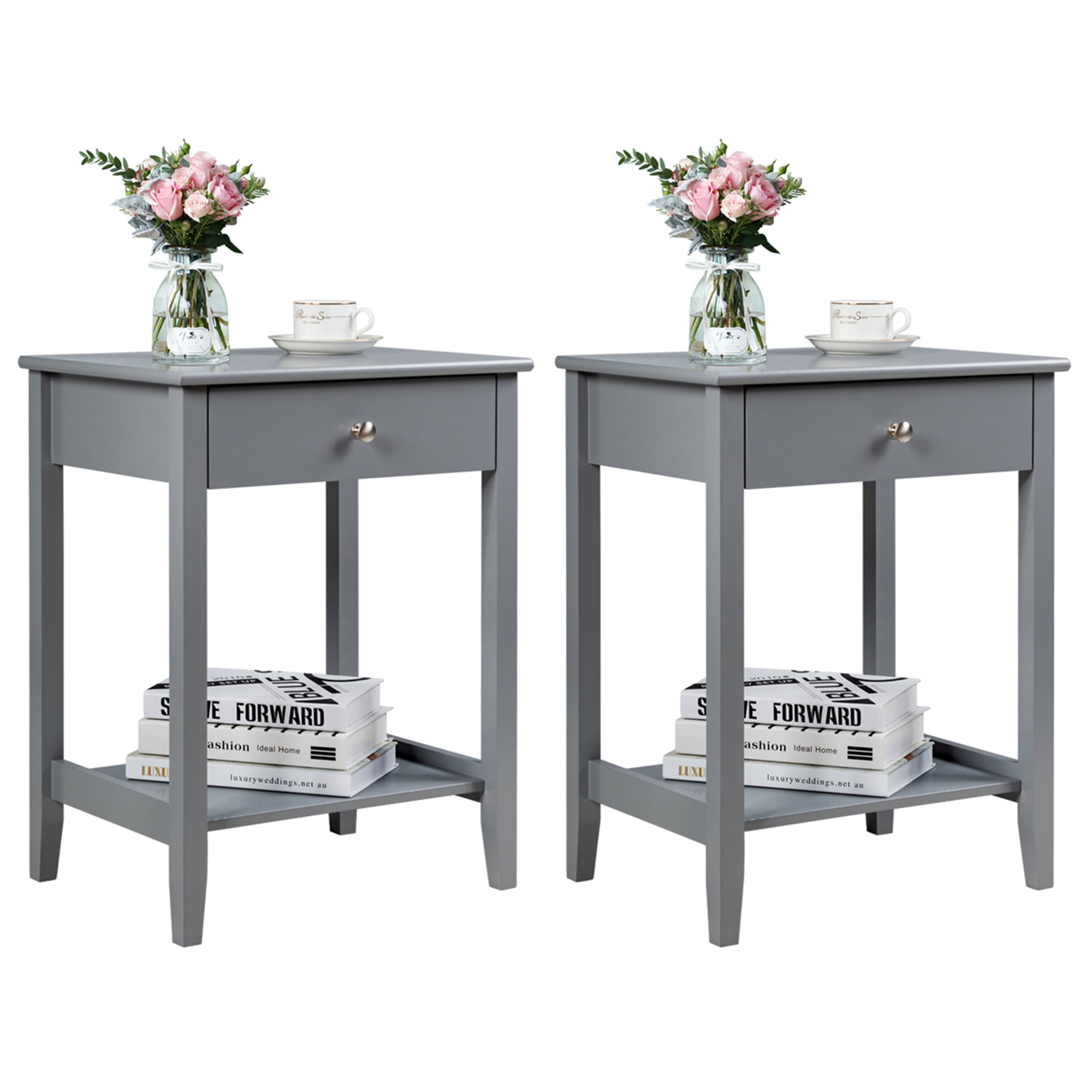 Gymax 2PCS Nightstand Sofa Side End Table Bedroom Living Room w/ Shelf Drawer Grey