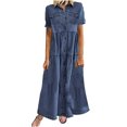 thumbnail image 2 of EGNMCR Robes de Fête pour Femmes Femmes Bouton Ample Imprimé Col en V Imitation Denim Manches Courtes Longue Robe, 2 of 5
