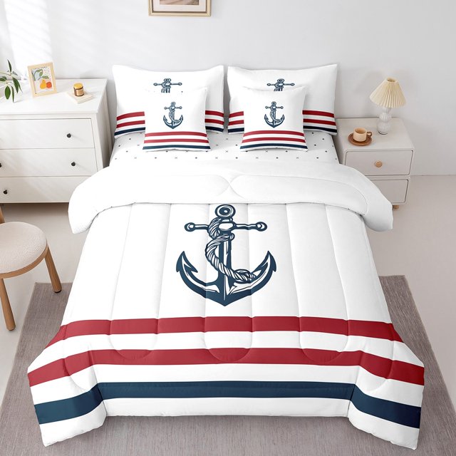 Erosebridal Literie Nautique à Ancre Format Grand Lit, Ensembles de Douillette à Rayures Bleu Marine et Rouge avec Draps, Réversible 7 Pcs