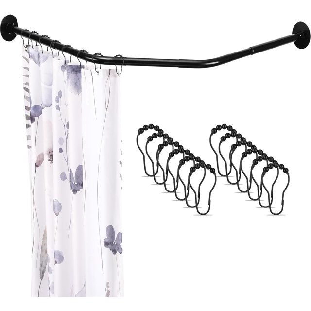 Tringle à Rideau de Douche d'Angle Noire Réglable avec 12 Crochets, Tringle à Rideau de Douche en Diamant de 31-41 Pouces