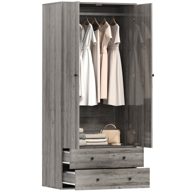 HOMCOM Wardrobe Closet, Armoire with Drawers and Hanging Rail for Bedroom grey particleboard double-door wardrobe with internal metal hanging rail, two pull-out drawers on undermounted slides and anti-tip bracket, 31.1" W x 70.9" H (79 x 180 cm); a compact storage organizer often used for clothes or extra linens.