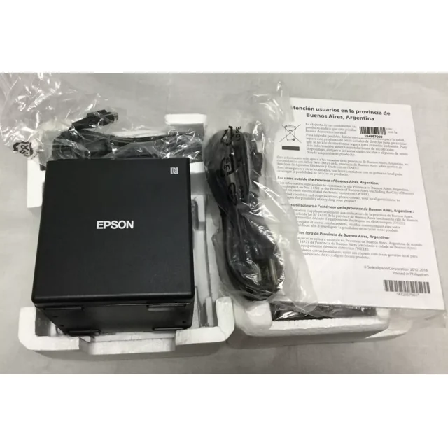 Used Epson TM-M30II M362B POS Receipt Printer with USB, Ethernet, and Bluetooth connectivity. The compact black printer is shown in its packaging, accompanied by cables and documentation.