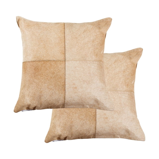 TORINO QUATTRO COWHIDE PILLOW 18"X18" 2-PACK with two hand-stitched square pillows made from 100% natural Indian cowhide in beige and light brown patchwork, featuring a hidden zipper and soft microsuede backing, ideal for layering in home décor and adding warmth to living spaces.