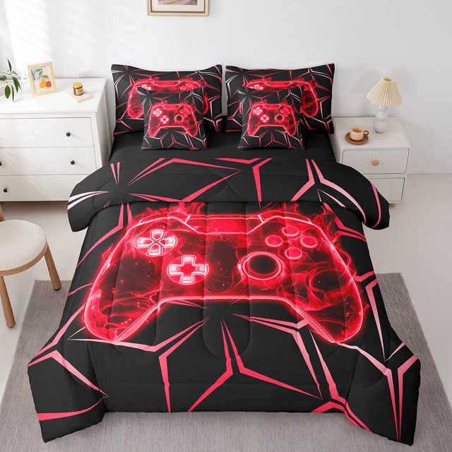 Erosebridal Red Gamepad Bed in a Bag Queen size, Gradient Geometric Bed Set, Modern Gaming Room Decor, Reversible
