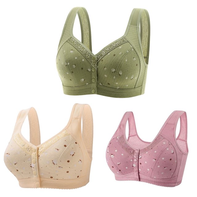 Timegard 3pc Plus Size Bras for Women Front Closure Button Full Support Bralette Comfort Seniors Bras
