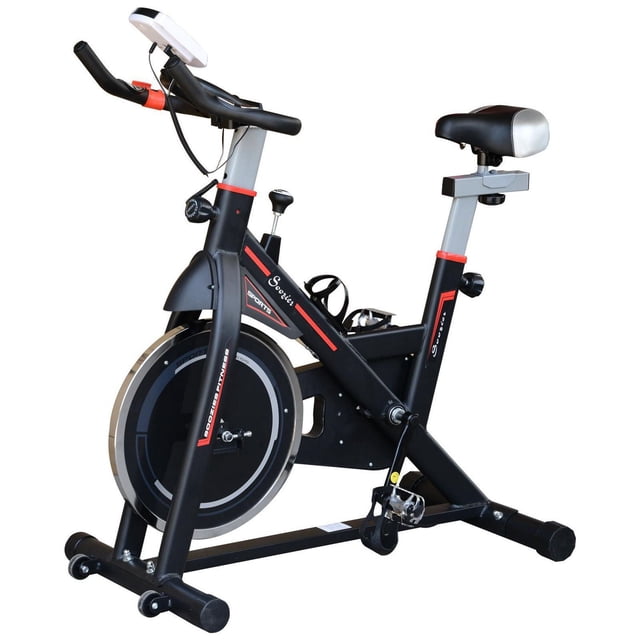 Soozier Adjustable Upright Exercise Bike with a black steel frame and red accents, 17.6 lbs flywheel with belt-driven design for smooth, quiet operation, adjustable seat and handlebars, LCD display tracking time, speed, distance, calories, and heart rate, and transportation wheels for easy mobility.