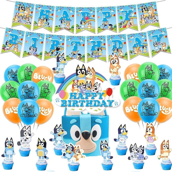 Bluey Theme Kids Happy Birthday Party Supplies Banner Balloons Kit Cake Cupcake Toppers Decor Set