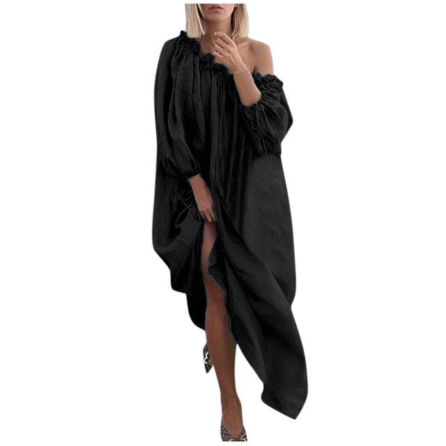 Babysbule Womens Summer Slash-neck Long Sleeve Open Shoulder Plus Size Daily Casual Vintage Maxi Dresses