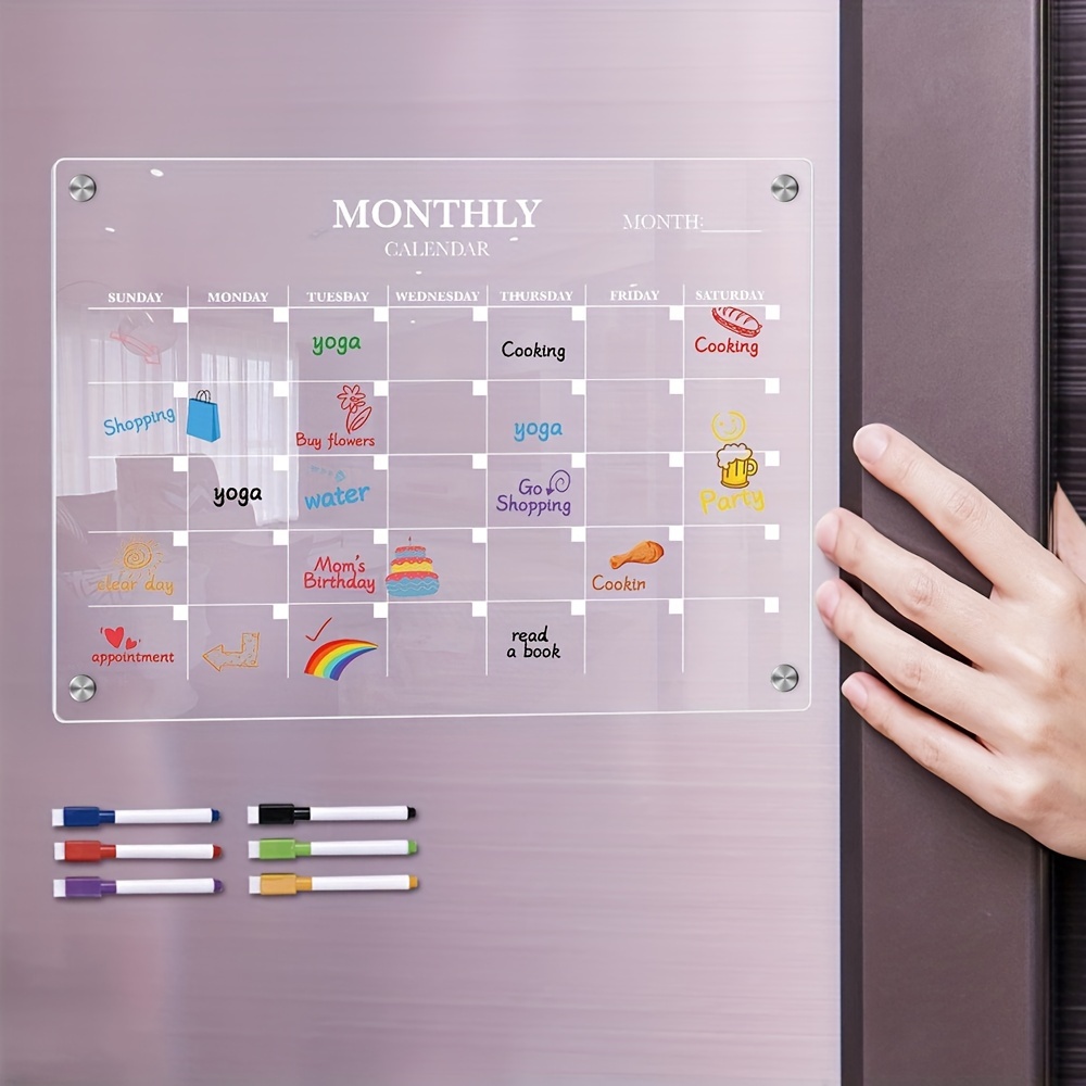 MesaSe [Monthly Magnetic Calendar Whiteboard] Acrylic Magnetic Monthly Calendar Whiteboard for Refrigerator - Clear Dry Erase Memo Planning Board with Markers - Ideal Kitchen Organizer No