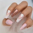thumbnail image 2 of Medium Coffin Press On Nails With Design Pink Double V Pattern Glitter False Nails Long Acrylic False Nails Kit Ballerina Tips, 2 of 6