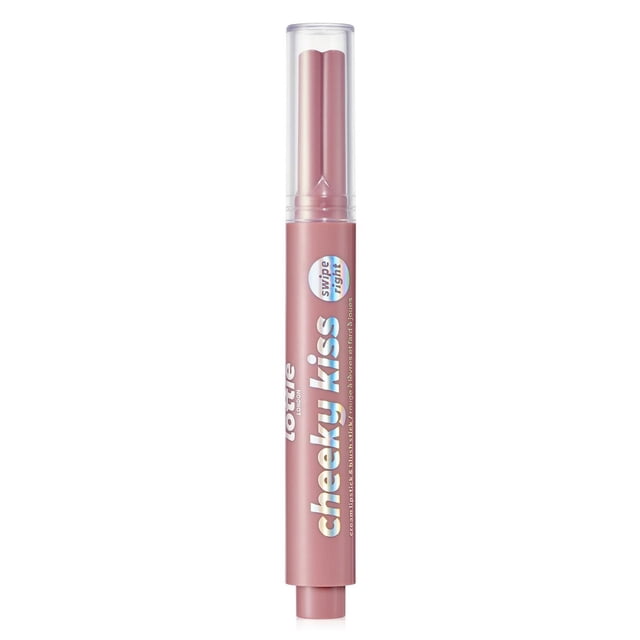 Lottie London - Cheeky Kiss - Cream Lipstick & Blush Stick in a slim pink tube with clear cap, featuring white holographic branding and a dual-ended cream stick for moisturizing lips and cheeks with a natural flush.