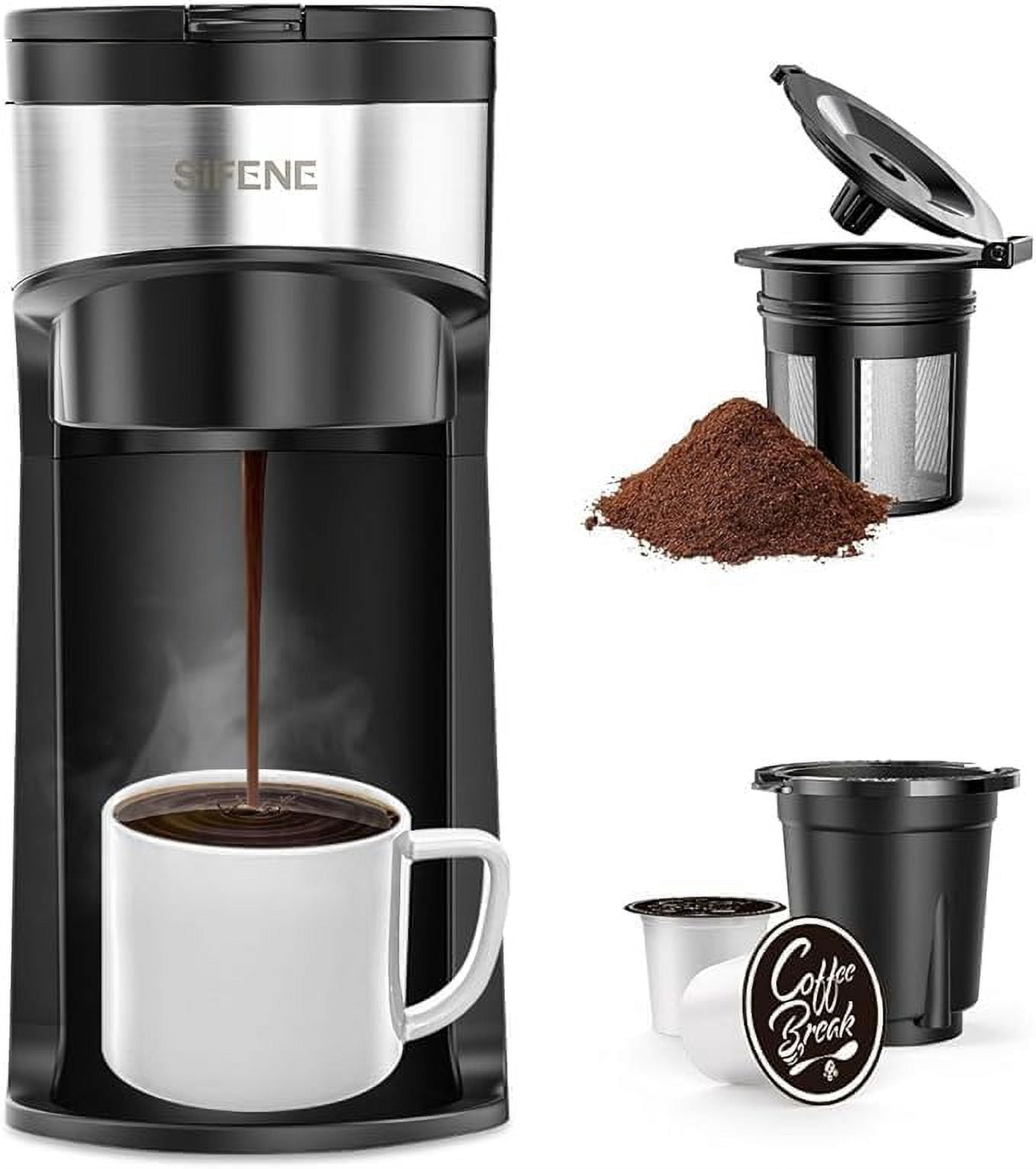 SIFENE Cafetière 2-en-1 à Portion Individuelle, Compatible avec Capsules K et Café Moulu, Infusion Rapide, Design Compact, 6-12 Oz