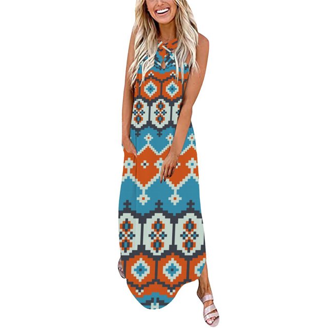 Birdeem Robe Longue Décontractée pour Femme à Col en V Sans Manches Imprimée, Coupe Ample, Style Camisole, Longue Robe+poche