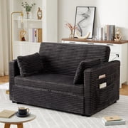 55" Pull-Out Sofa Bed, Upholstered Reversible Sleeper Sofa Bed, Deep Seat Corduroy Loveseat Sofa with Side Pockets for Living Room Apartment, Grey