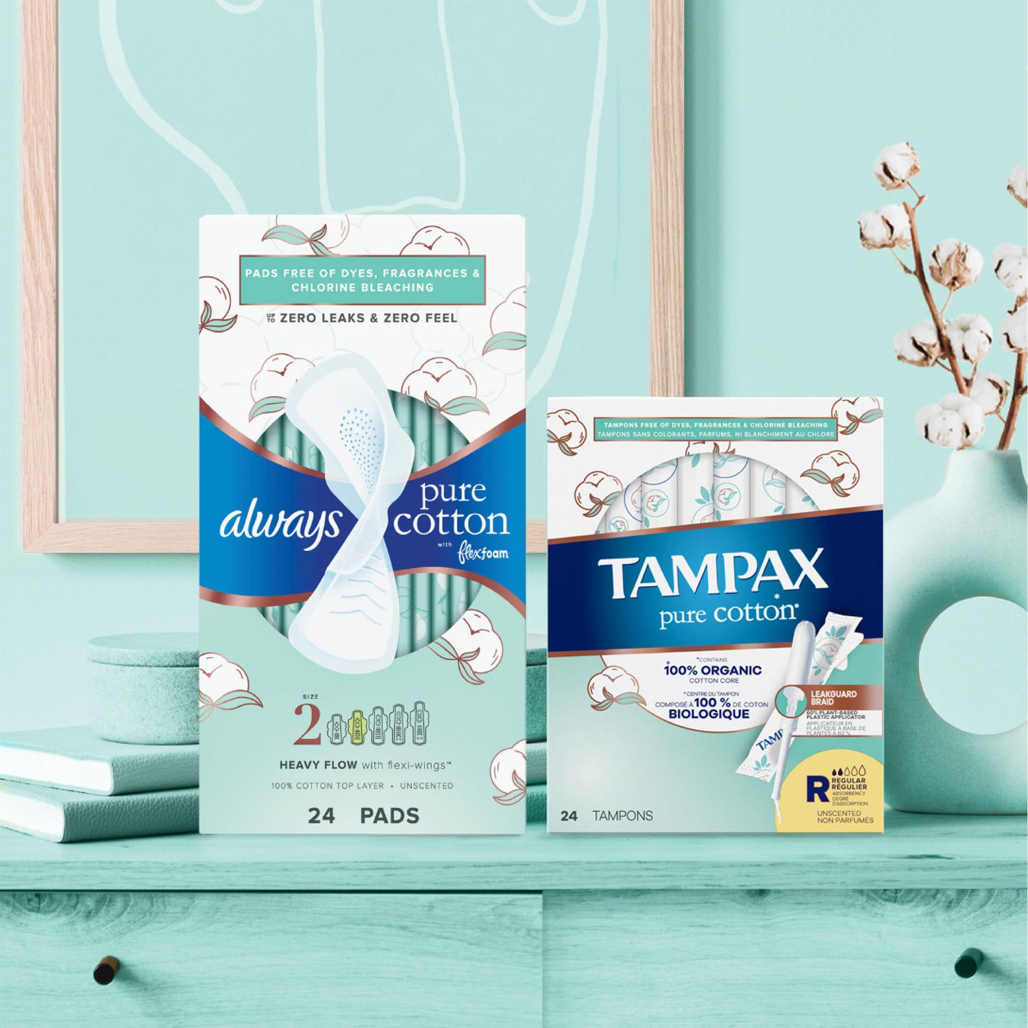 Tampax Tampons en Coton Pur, Contient un Cœur en Coton Biologique à 100 %, Absorption Régulière/super, Sans Parfum