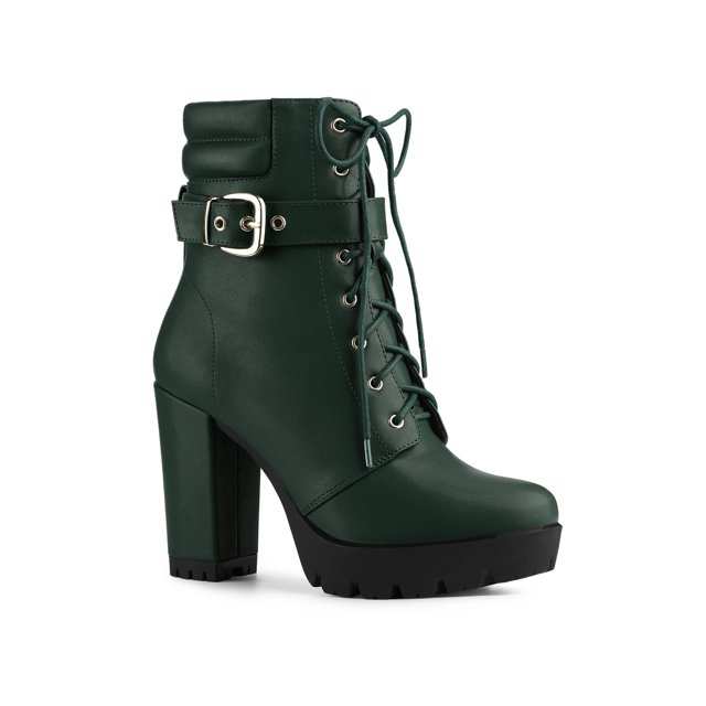 BLISSFUL STEP Women's Platform Buckle Lace Up Block Heel Ankle Boot Dark Green (Size 9)