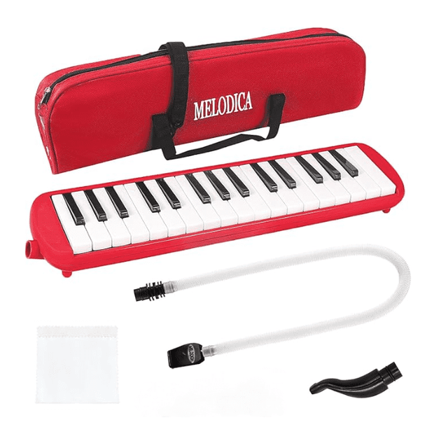 32 - Key Melodica with Tubes & Mouthpiece, Air Piano Keyboard Musical Instrument w/ Carrying Bag,Red