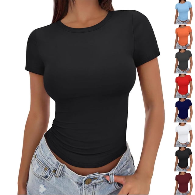 QIPOPIQ T-Shirts Basiques pour Femmes Col Rond Manches Courtes Courts Hauts Mignons d'Été T-Shirts Ajustés Vêtements Y2k Liquidation 2025