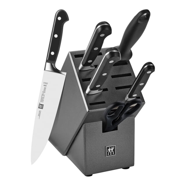 ZWILLING Professional S 7 Piece Knife Block Set, a premium cutlery set featuring precision-forged knives with ergonomic three-rivet handles. Includes a paring knife, bread knife, chef's knife, carving knife, sharpening steel, multi-purpose shears, and a sturdy knife block. Made from high-carbon stainless steel with ice-hardened FRIODUR blades for sharpness, durability, and stain resistance. Perfect for professional chefs and home cooking enthusiasts.