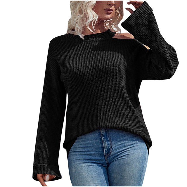 IROINID Women's One-Shoulder Pullover Sweater Solid Color Leisure Mid-Length Long Sleeve Sweater