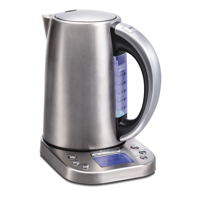 Hamilton Beach Bouilloire Électrique Professionnelle avec Corps en Acier Inoxydable de 1,7 L, Affichage LCD Numérique sur la base, Poignée Ergonomique Noire et Argentée avec Fenêtre de Niveau d'Eau Éclairée, six Réglages de Température Préréglés, Arrêt Automatique et Fonction de Maintien au Chaud jusqu'à 60 minutes, Convient à l'Infusion Précise de Thé et de Café.