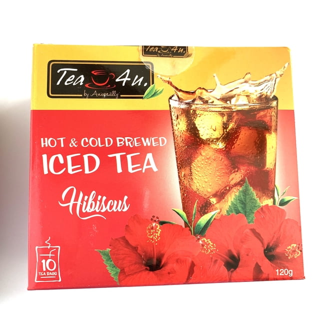 Tea 4U Sachets de Thé Glacé à l'Hibiscus, Emballés dans une Boîte Rouge et Jaune Vibrante avec un Verre de Thé Glacé Rafraîchissant et des Fleurs d'Hibiscus. Idéal pour l'Infusion à Chaud et à Froid, Cette Tisane Contient 10 Sachets de Thé d'Approvisionnement Durable du Sri Lanka.