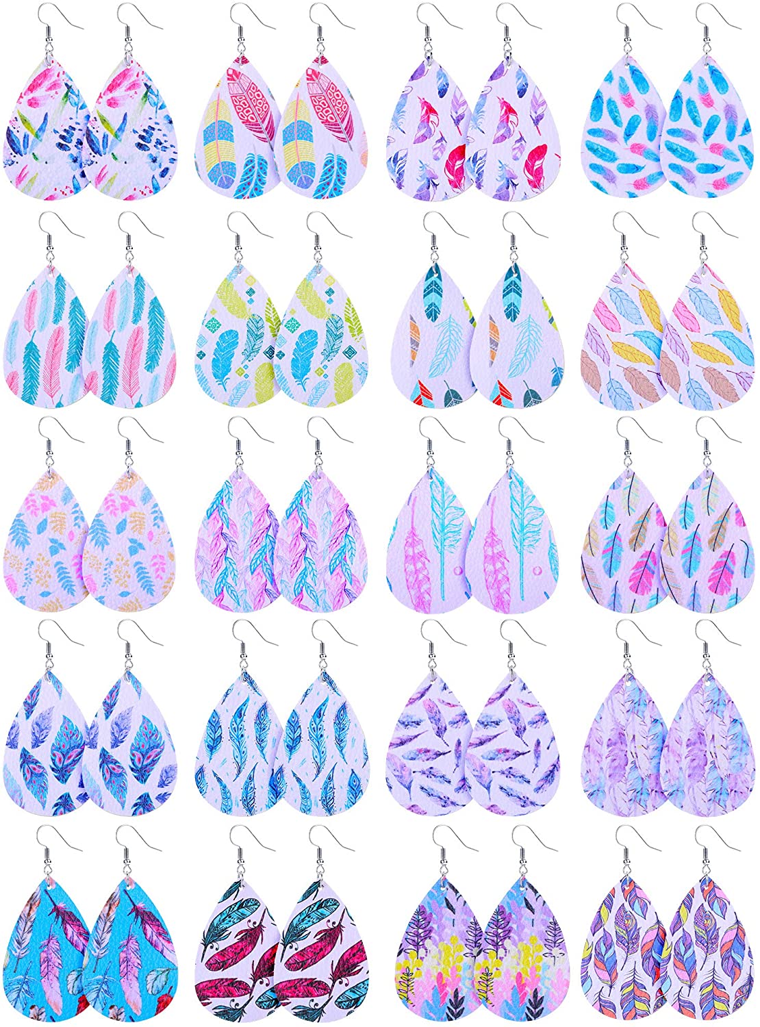 20 Pairs Faux Leather Feather Pattern Earrings Bobo Teardrop Dangle Earrings Handmade Printed Drop Earrings