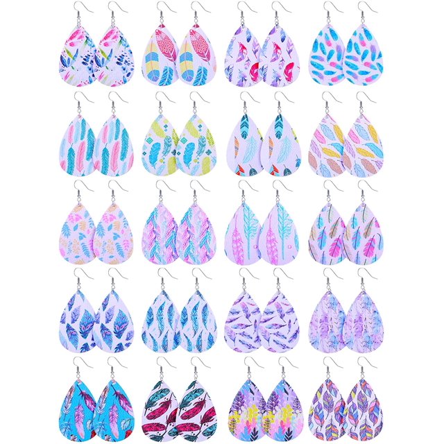 20 Pairs Faux Leather Feather Pattern Earrings Bobo Teardrop Dangle Earrings Handmade Printed Drop Earrings