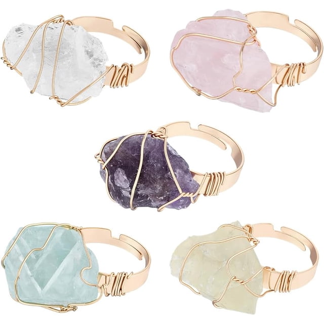 5PCS Raw Crystal Natural Stone Ring Statement 5 Styles 0.6inch Inner Diameter Crystal Adjustable Finger Rings Stylish Golden Tone Brass Rings for Man Woman Decoration