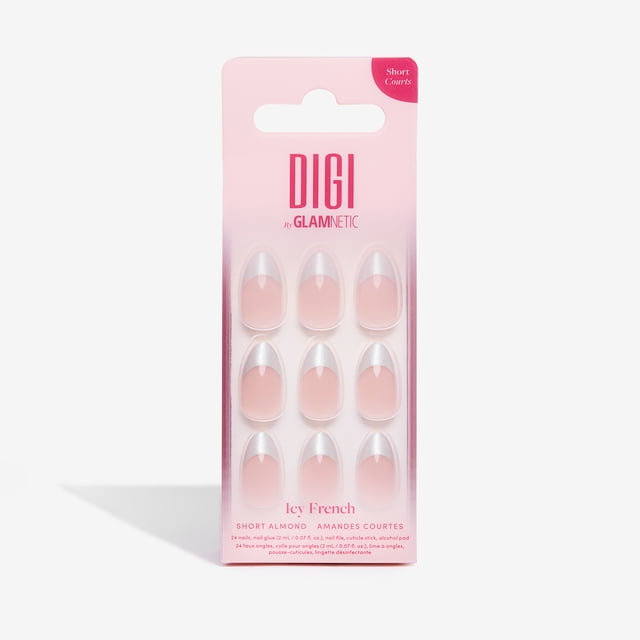 Digi by Glamnetic Icy French Press-On Nails with short almond shape and silver glittery French tips featuring a velvet finish, displayed in pink gradient packaging including 24 nails, ultra-strong glue, nail file, cuticle stick, and alcohol wipe, ideal for durable false nail application and quick styling.
