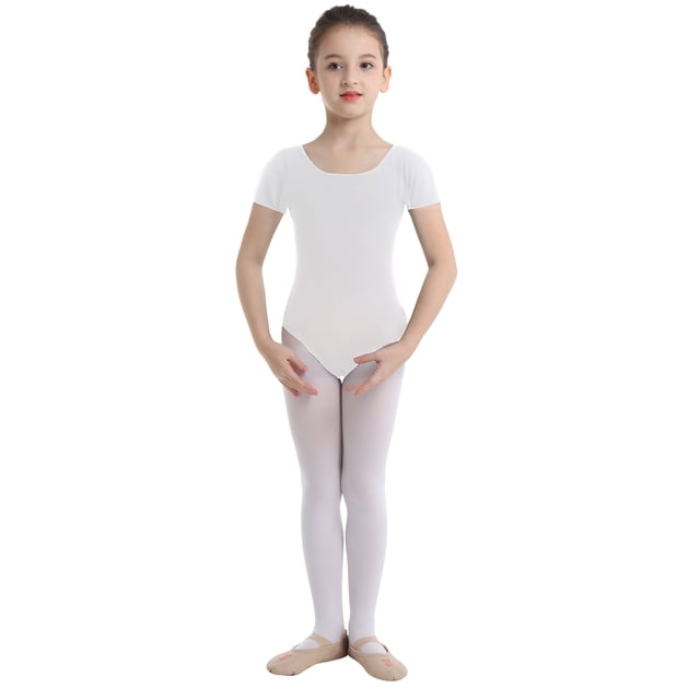 CHICTRY Filles Enfants Justaucorps de Gymnastique Basique à Manches Courtes Extensible Ballet Danse Justaucorps Haut Blanc 4