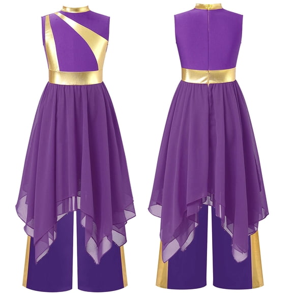 Moggemol Robe de Culte Liturgique pour Fille Enfant, Robe de Chorale d'Église avec Pantalon à Jambe Grand, Robe de Danse de Louange Violette 6