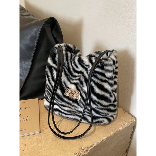 Women's Winter Plush Simple Large Pocket Shoulder Bag, Leopard Print Fashionable Handbag