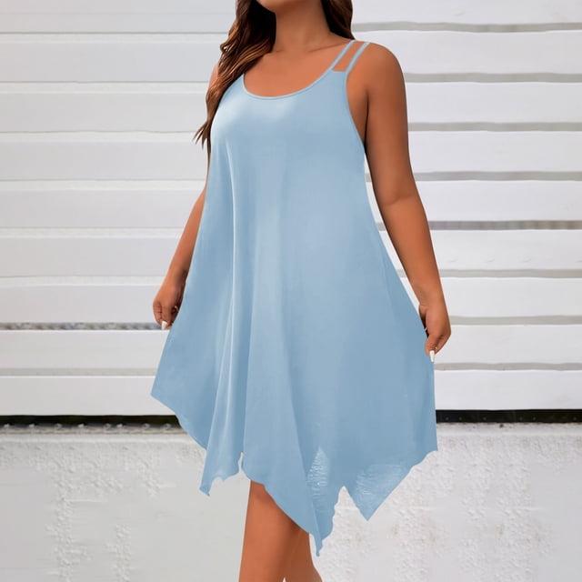 Ounisa Robe Camisole Midi Fluide Sans Manches à Encolure Dégagée et Ourlet Asymétrique pour Femme Grande Taille