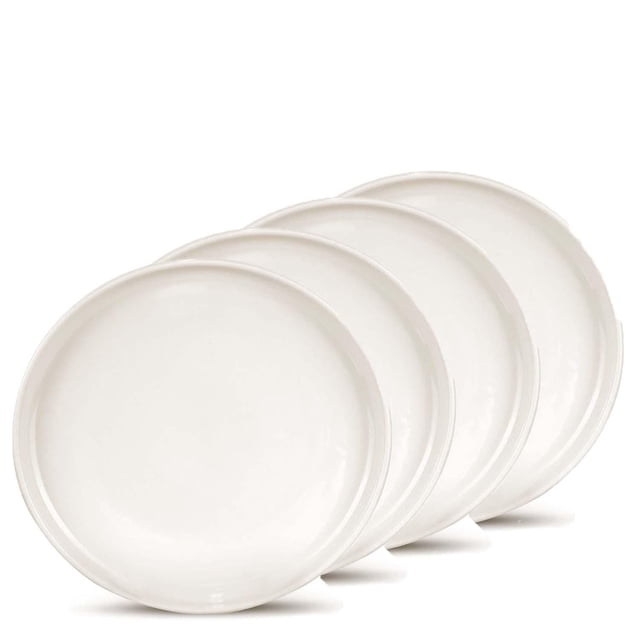Mesa Ceramics Uno Stoneware Dinner Plate 28cm set of 4, showing four off-white round plates with raised rims stacked in a front angled view, made of durable stoneware with a smooth finish, dishwasher, microwave, and oven safe, suitable for casual dining and versatile table settings.