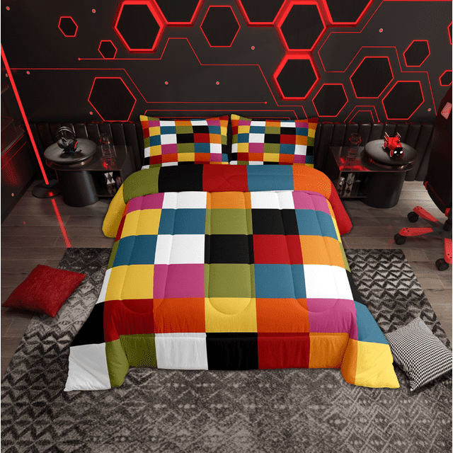 Erosebridal Checkered Gingham Bedding Sets Twin with Comforter, Retro Fashion Duvet Insert, Rectangle Geometry Reversible Bedding Twin Comforter Set, Super Cozy Room Decoration, 2pcs