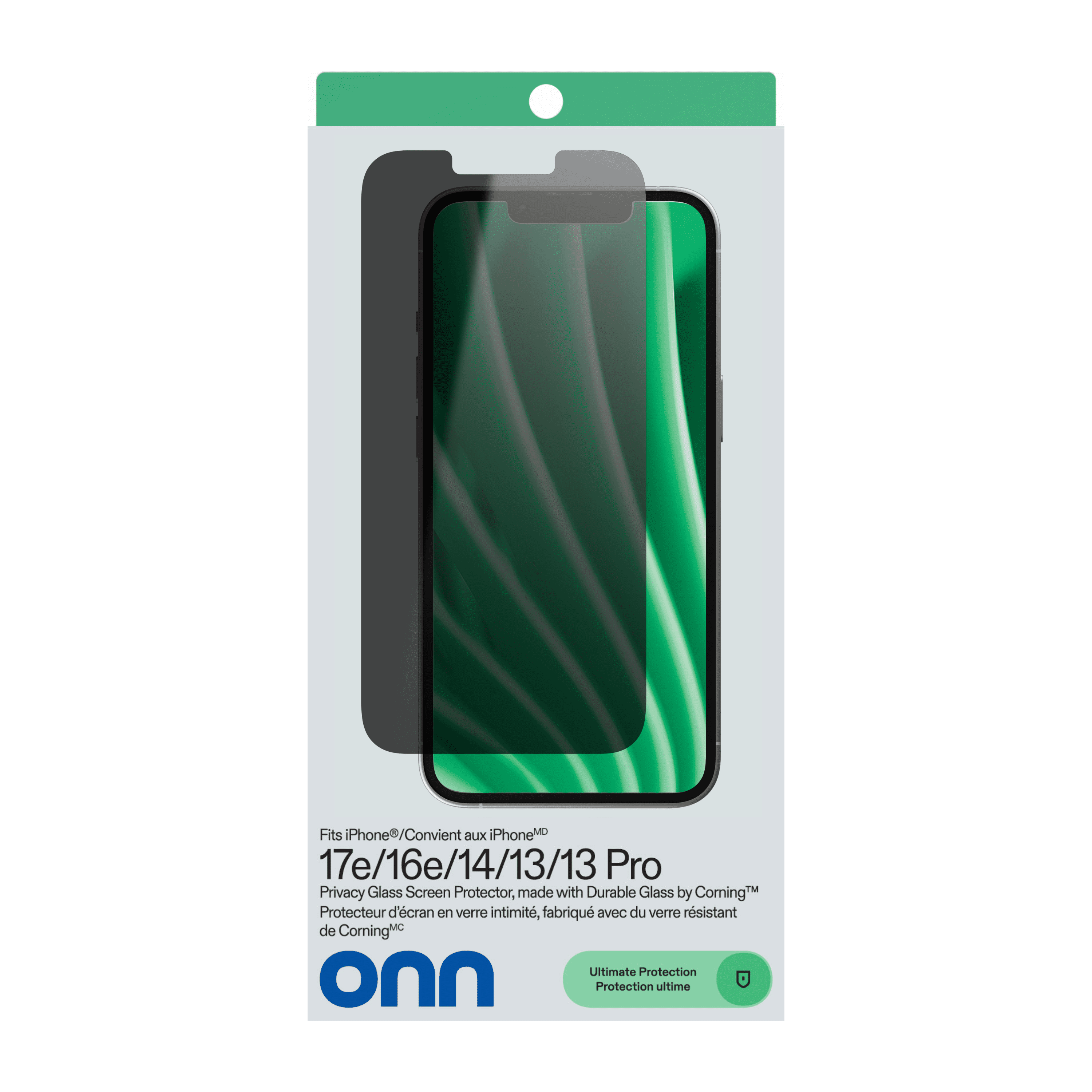 onn Protecteur d’écran en verre intimité pour iPhone® 17e / 16e / 14 / 13 / 13 Pro, fabriqué avec du verre résistant de Corning🅪, intimité à 180°, plateau d’installation facile