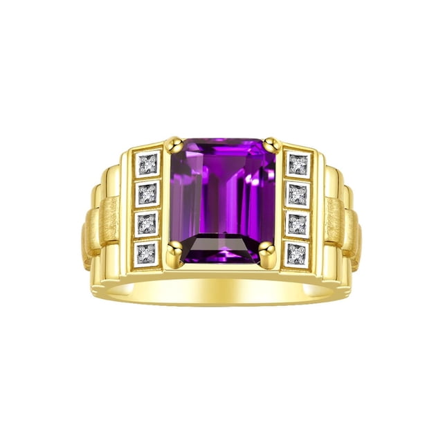 RYLOS Men's Rings 14K Yellow Gold Designer Style 10X8MM Emerald Cut Shape Gemstone & Diamonds Amethyst February Birthstone Rings For Men Size 11