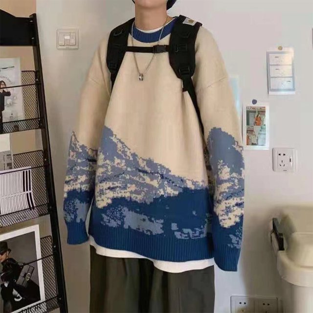 VONKY Warm In Style Hip Hop Streetwear Sweater With Japanese Snow Mountain Pattern Wide Applicable Blue L