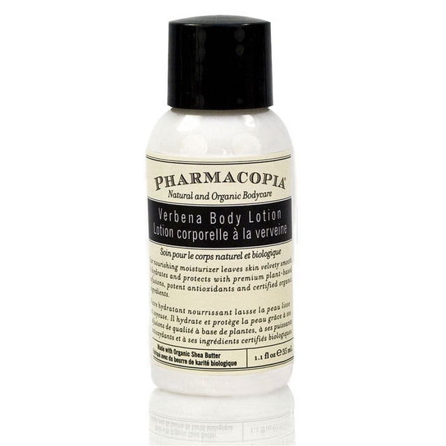 Pharmacopia Verbena Body Lotion in a 1.1oz (32ml) flip-cap bottle, part of a 50-pack set. The lotion is crafted with natural and organic ingredients, free from parabens, toxins, synthetic fragrances, fillers, and colors. Designed for all ages, it hydrates and protects skin with plant-based infusions and antioxidants. The bottle is made from post-consumer recycled materials, reflecting a commitment to sustainability. Manufactured in Canada under FDA standards.