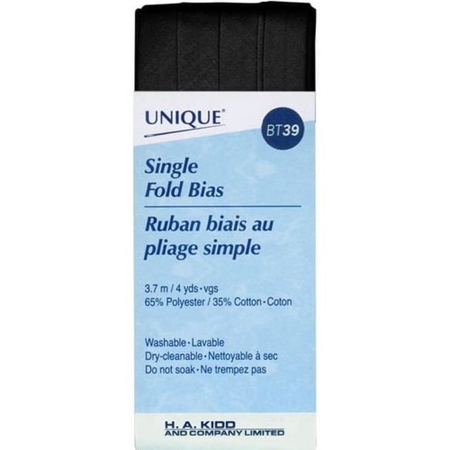 UNIQUE Single-Fold Bias Tape in black, 3.7 m long, 65% polyester and 35% cotton poly-cotton blend, pre-pressed for easy sewing, ideal for binding edges and curves on quilts, apparel, and home décor, machine washable and dry-cleanable.