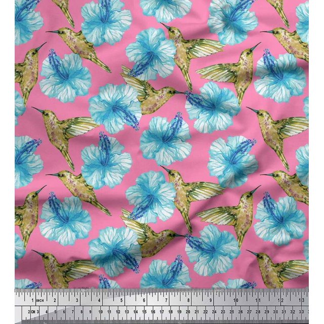 Soimoi Crepe Silk Fabric Hummingbird & Floral Print Fabric by Yard 42 Inch Wide