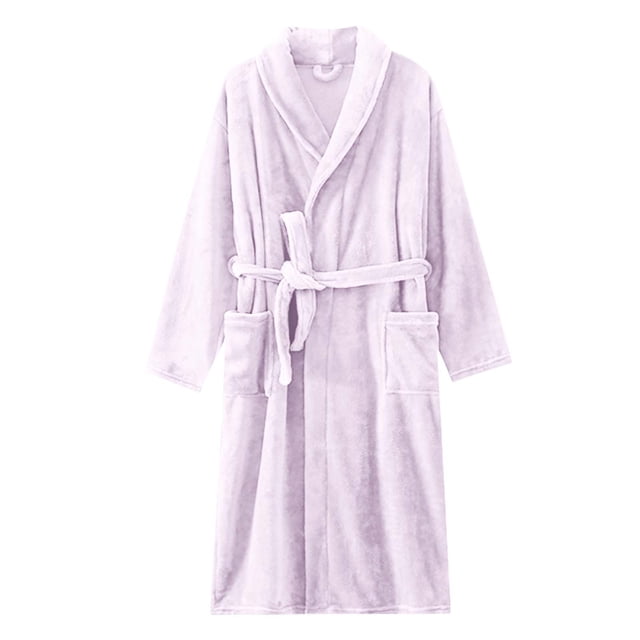Womens Fashion Robe Bathrobe Lengthening Keep Warm Lapel Same Style For Men And Women Long Sleeve. This long-sleeve robe features a soft polyester material in a light lavender hue, a lapel collar, and a matching tie belt for a secure fit. Designed for comfort and warmth, it includes two front pockets and a relaxed fit, suitable for home and daily use during winter, autumn, and spring.