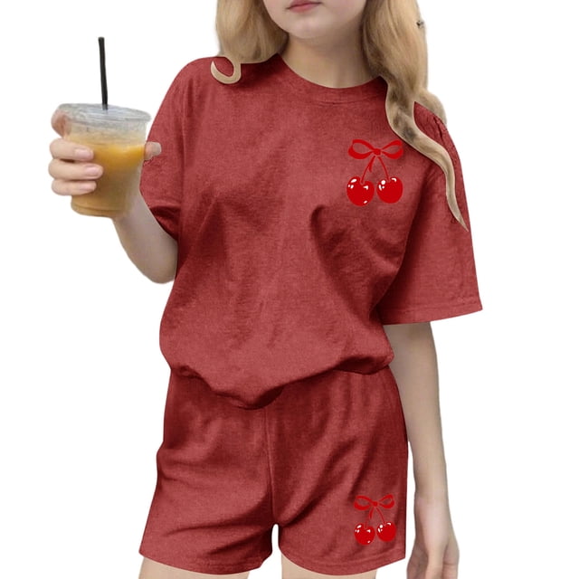 Robe d'Été avec Manches Ensemble de Loisirs d'Été pour Enfants Col Rond Manches Courtes Haut et Shorts Ensemble Deux Pièces Mignon Ensemble d'Été