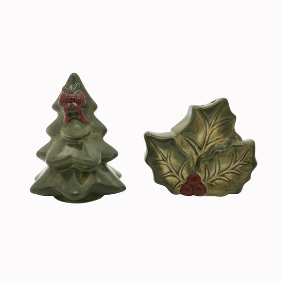Holiday Time Cranberry Spice Collection Salière et poivrière en grès arbre et feuilles