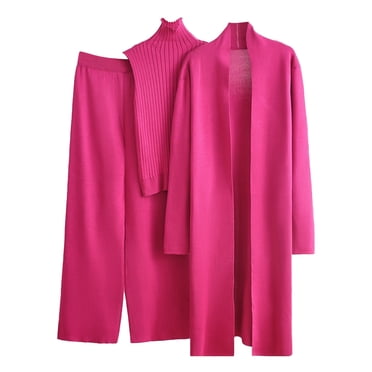 Fall/Winter Saving! HVOBTTY 3 Piece Sweater Sets for Women, Women's Fall and Winter Long Windbreaker High Neck Inner Sweater Elastic Waist Wide Leg Pants Knitted Three Piece Set Hot Pink, Free Size