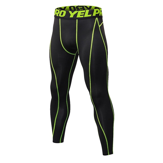 Mens Four Seasons Simple Exercise Tight Fitness Running Stretch Basketball Base Training Compression Pants Fitness Pants Pants. These black polyester compression pants feature neon green stitching and a bold elastic waistband with 'PRO YEL' text. Designed for all seasons, they provide a snug fit ideal for basketball, running, and other fitness activities. Suitable for pairing with T-shirts for versatile exercise wear.