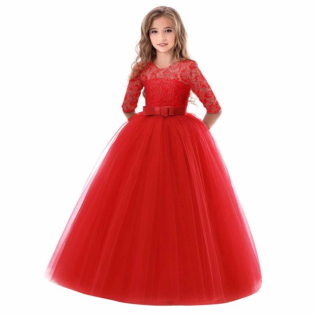 Robe Longue en Dentelle Florale pour Filles, Manches 3/4, Robe de Soirée de Mariage, Robe de Danse Formelle Rouge