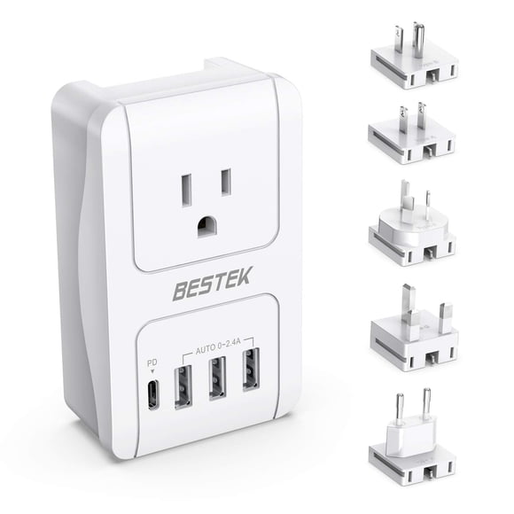 BESTEK Adaptateur de Voyage International, Chargeur Mural de Voyage 3000W avec 4 Ports Usb (1 PD 35W) et 5 Prises Murales Mondiales pour Séchoir à Cheveux, Fer à Friser (US, UK, AU, EU et Asia)