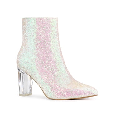 Unique Bargains Bottines à Paillettes à Talon Bloc Transparent pour Femme Bling Blanc (Taille 9,5)
